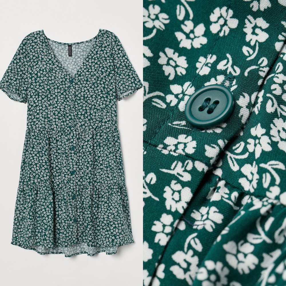 H&M Women's Size Small Green/White Floral Short Sleeve Flowy Mini Dress Flower S